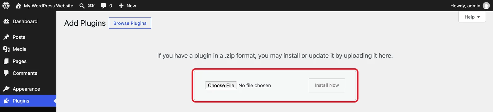 WordPress Add Plugins screen with the zip upload box highlighted