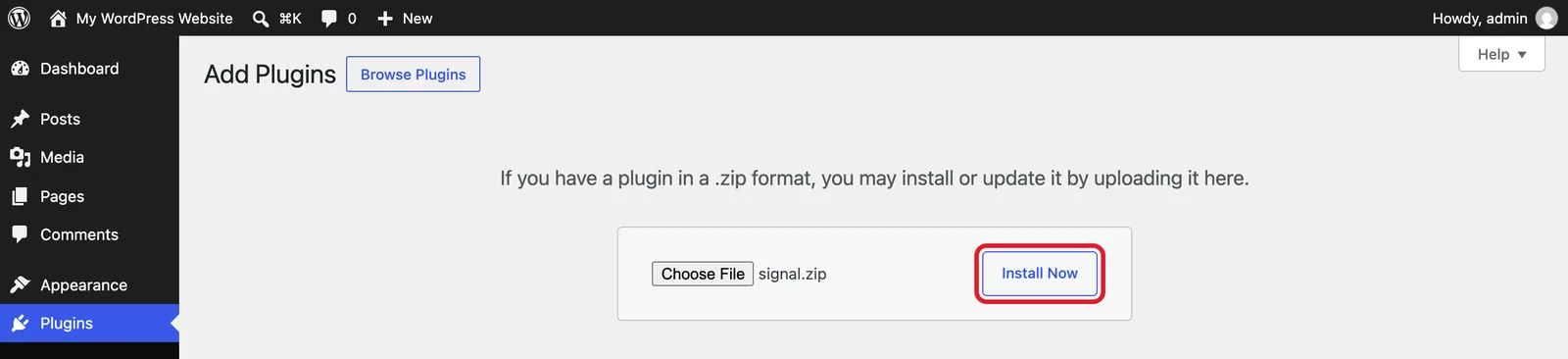 signal.zip chosen in the upload box with the Install Now button highlighted