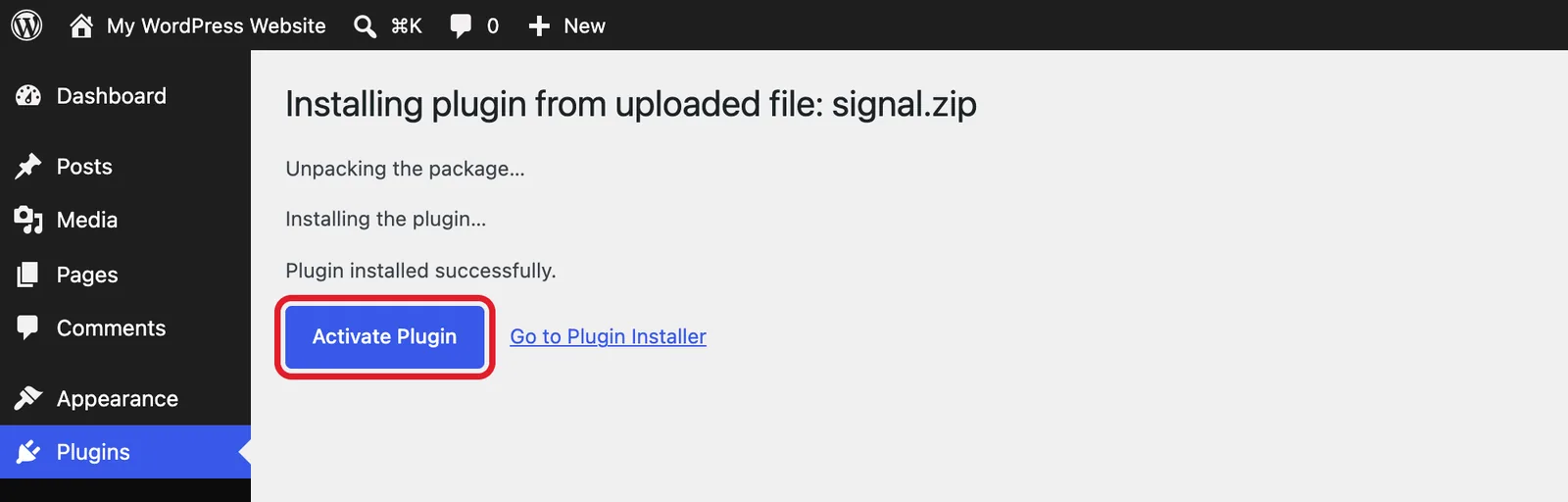 WordPress install results page with the Activate Plugin button highlighted