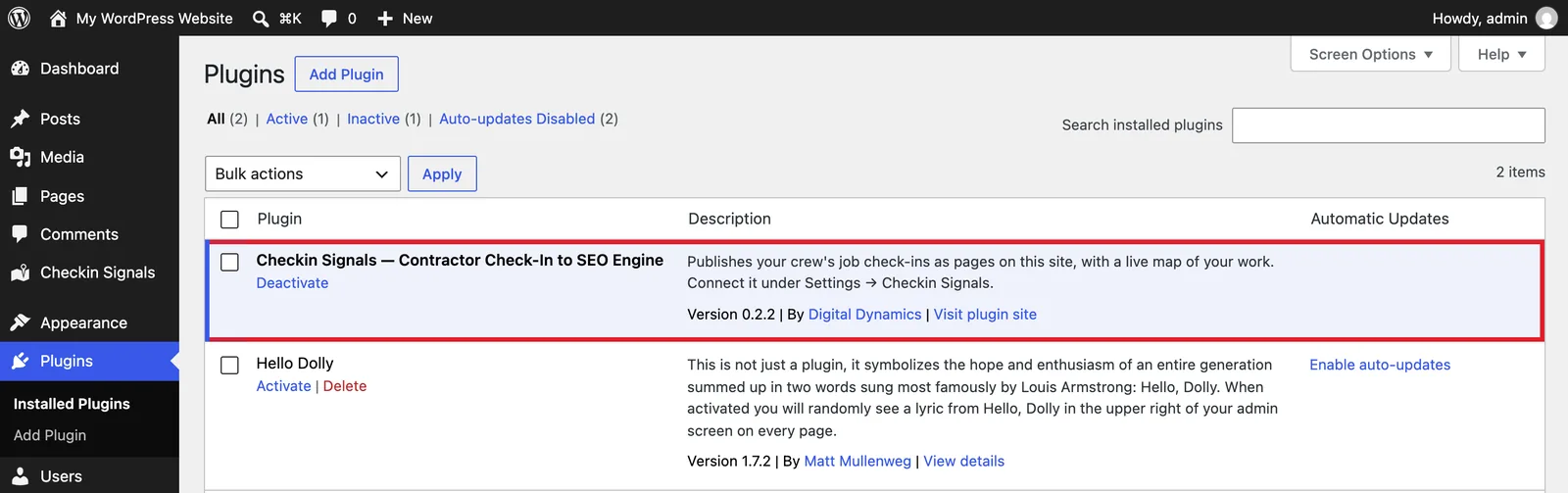 WordPress Plugins list with the active Checkin Signals plugin row highlighted