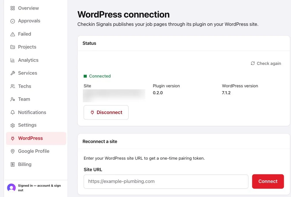 Checkin Signals dashboard WordPress page with the Site URL box and Connect button