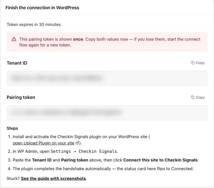 The Finish the connection in WordPress card with Tenant ID and Pairing token fields (values blurred)