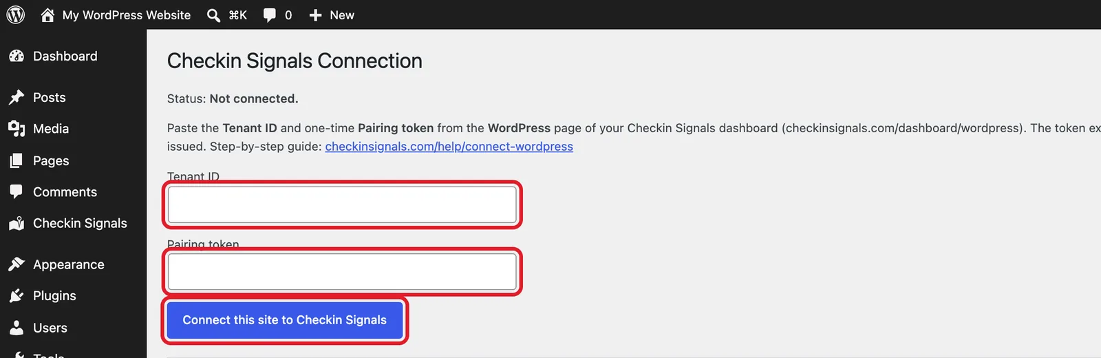 WordPress Settings, Checkin Signals Connection page with the Tenant ID and Pairing token boxes and the connect button highlighted