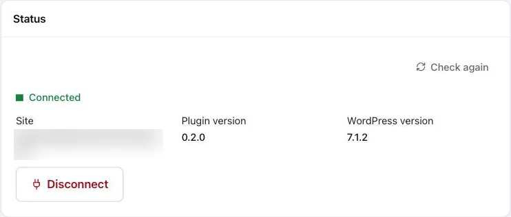 Dashboard status card reading Connected with plugin and WordPress versions